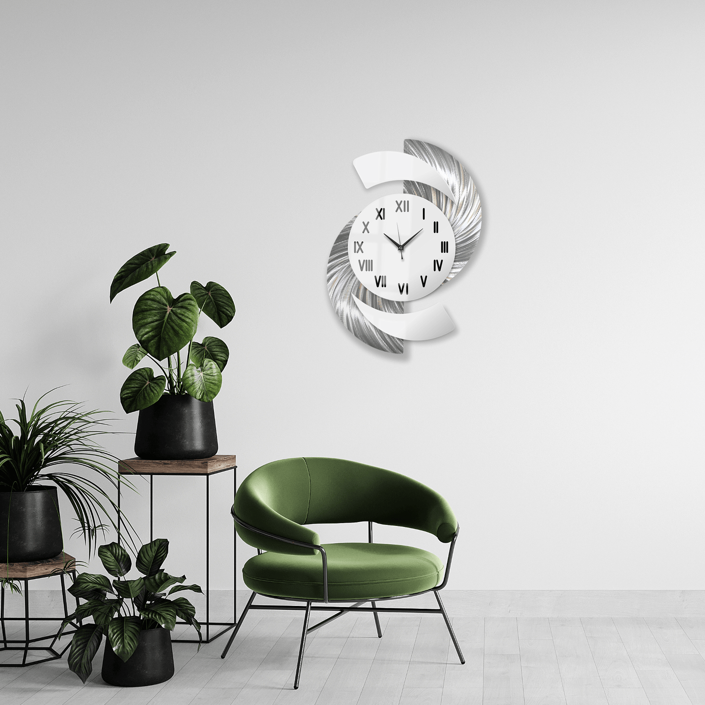 White & Silver Wall Clock Titled "Elliptical" - Modern Elements Metal Art - INV3999SL