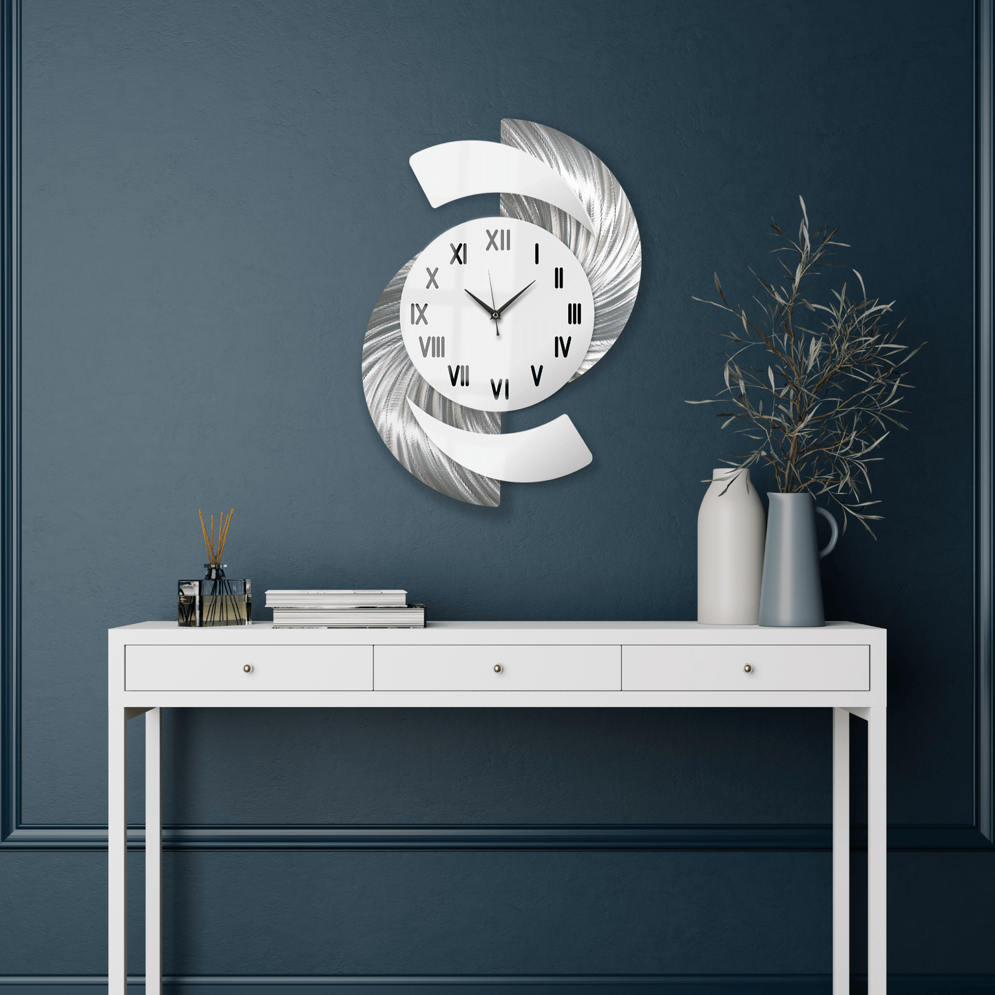 White & Silver Wall Clock Titled "Elliptical" - Modern Elements Metal Art - INV3999SL