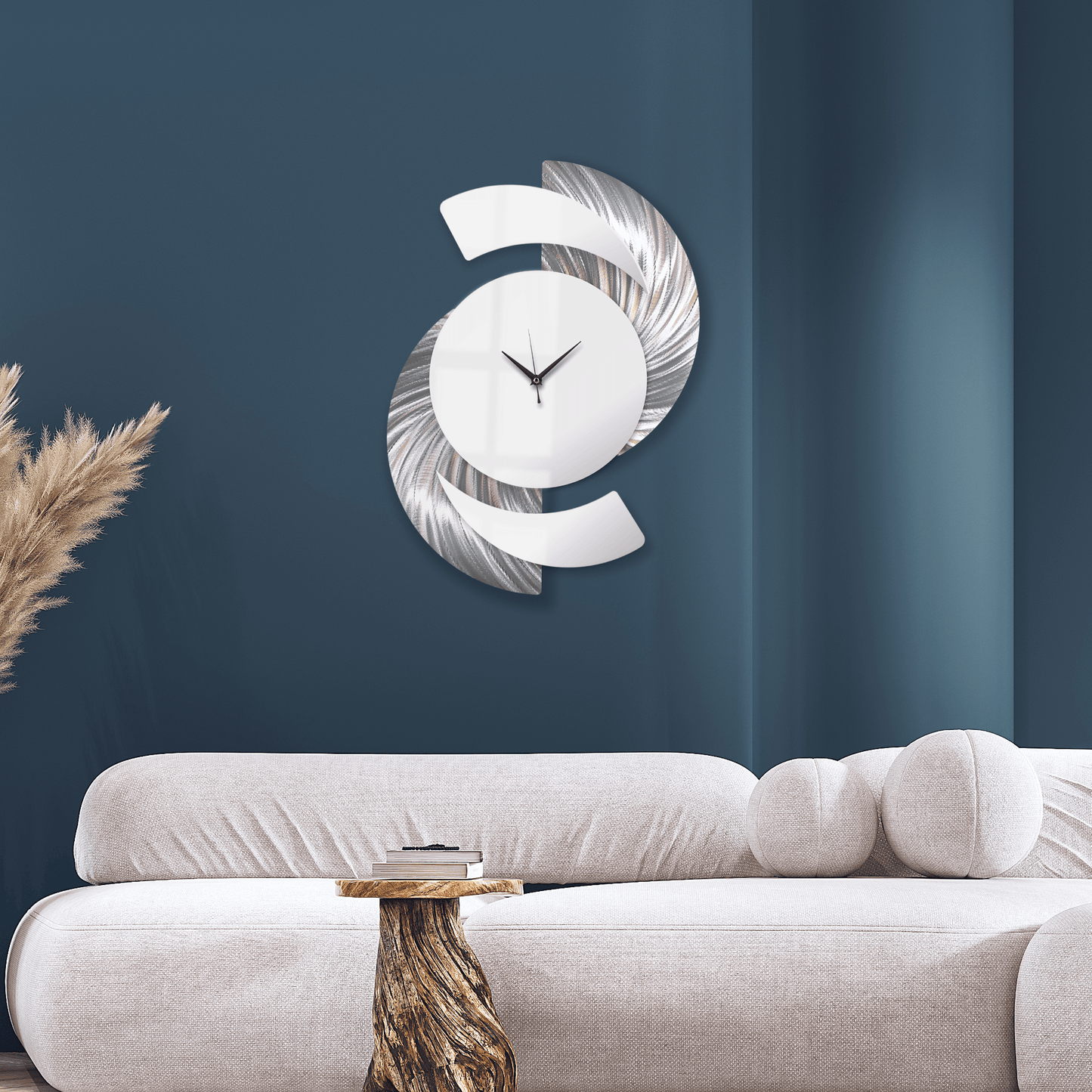 White & Silver Wall Clock Titled "Elliptical" - Modern Elements Metal Art - INV3999SL
