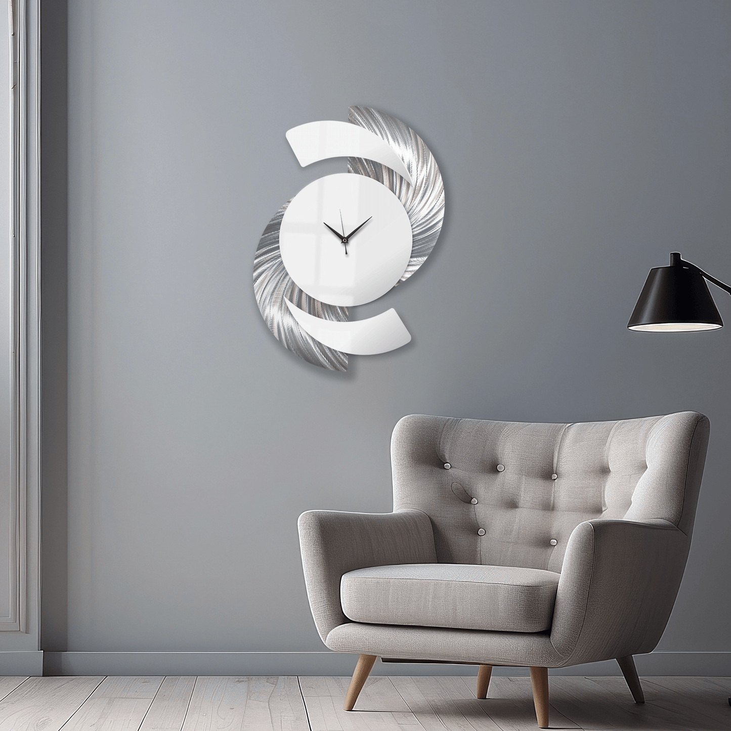 White & Silver Wall Clock Titled "Elliptical" - Modern Elements Metal Art - INV3999SL