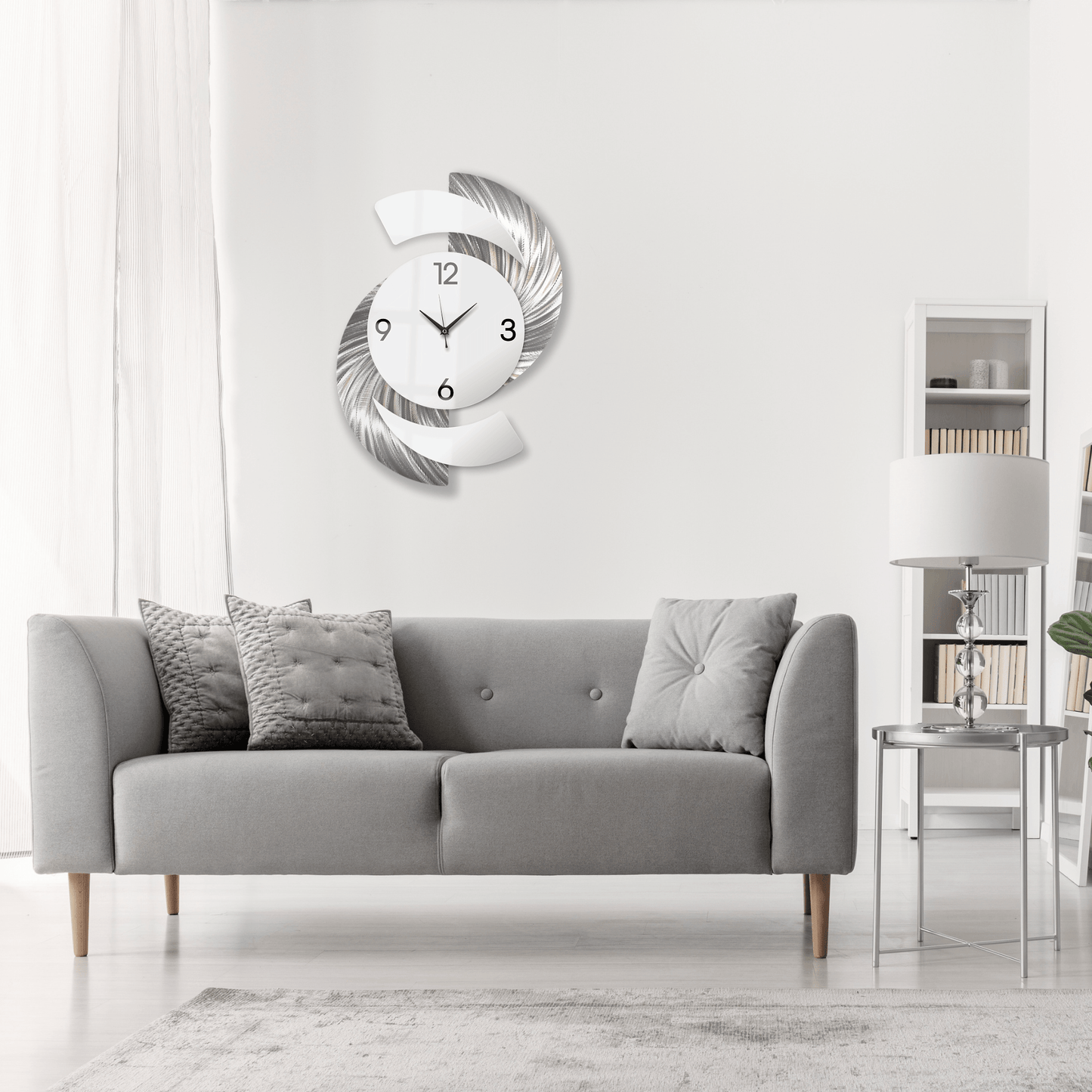 White & Silver Wall Clock Titled "Elliptical" - Modern Elements Metal Art - INV3999SL