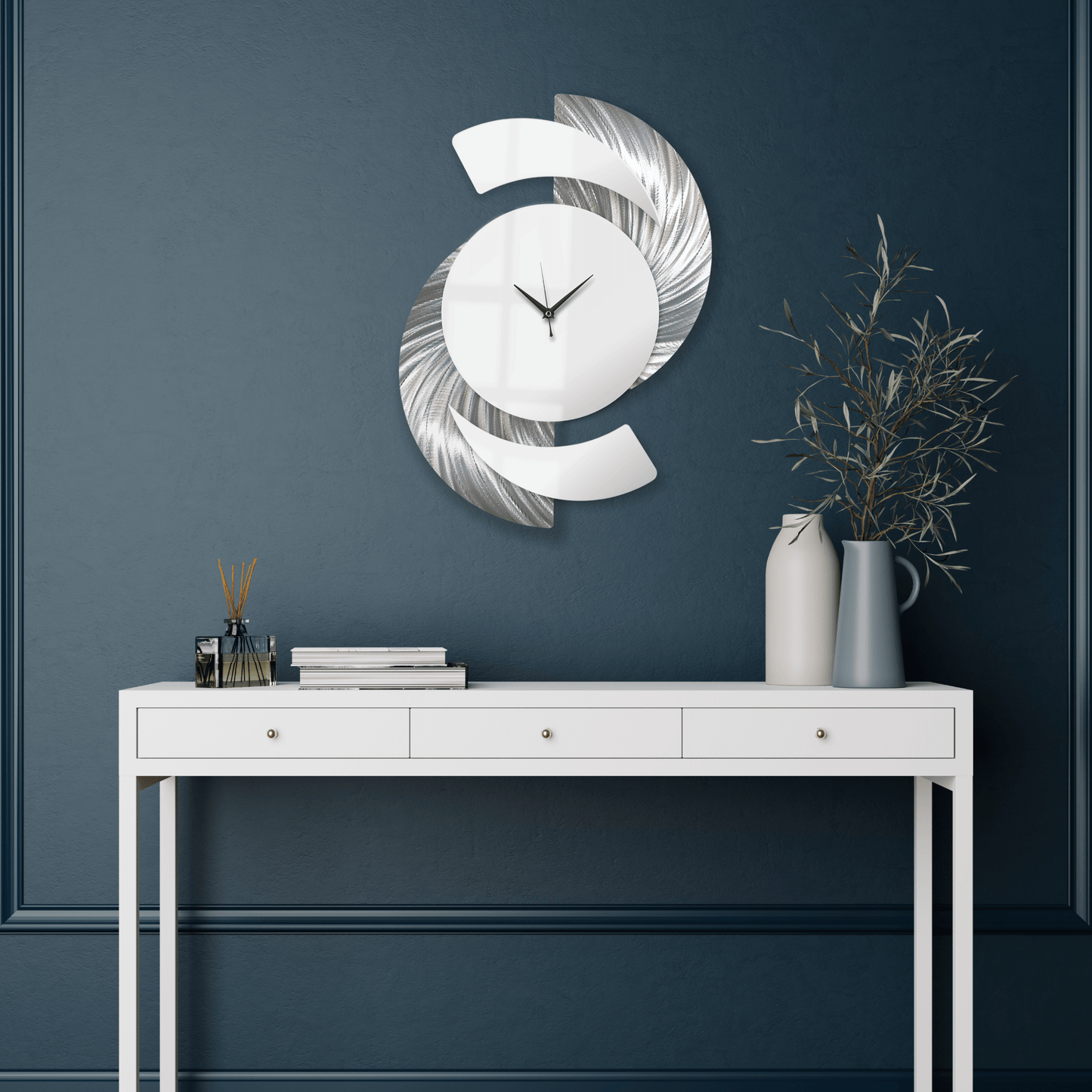 White & Silver Wall Clock Titled "Elliptical" - Modern Elements Metal Art - INV3999SL