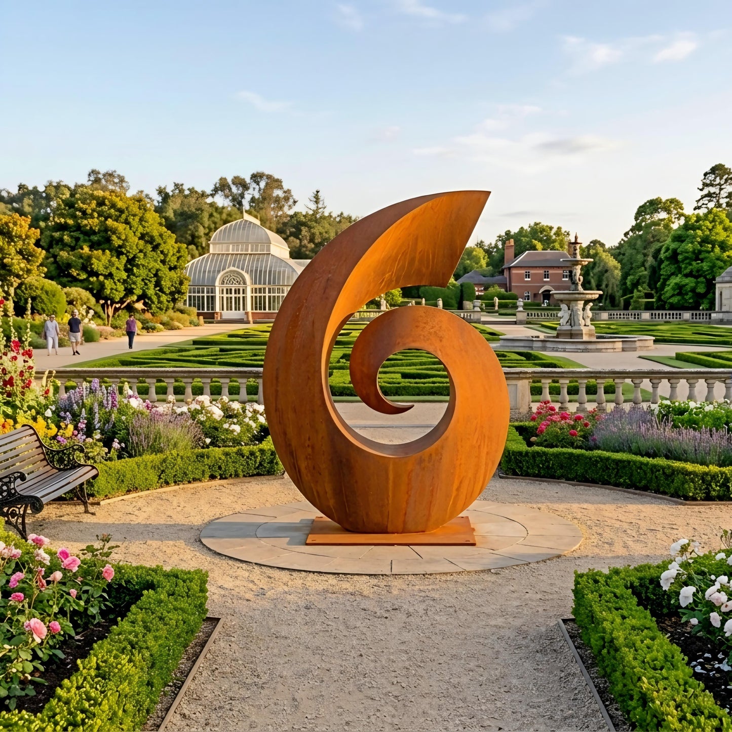A large, abstract sculpture resembling a wave or spiral stands in a well-manicured garden, surrounded by colorful flowers and lush greenery.