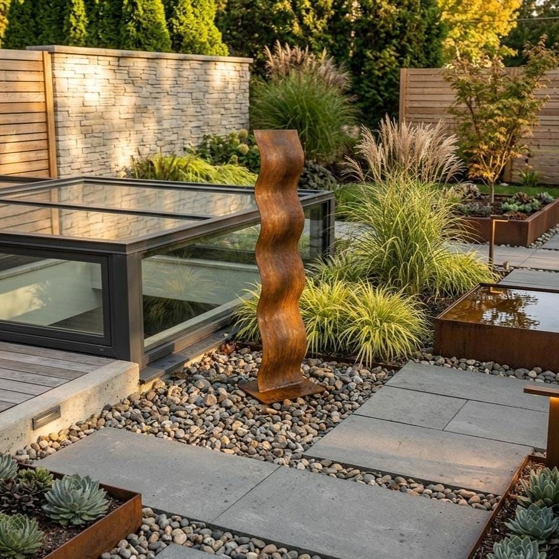 a well-designed garden with a variety of plants, including tall grasses and shrubs, arranged in a visually appealing manner. A large, abstract sculpture is prominently displayed in the center of the garden, adding an artistic touch to the landscape. The garden is surrounded by a stone wall and a glass-enclosed structure, creating a harmonious blend of natural and man-made elements.