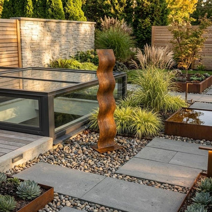 a well-designed garden with a variety of plants, including tall grasses and shrubs, arranged in a visually appealing manner. A large, abstract sculpture is prominently displayed in the center of the garden, adding an artistic touch to the landscape. The garden is surrounded by a stone wall and a glass-enclosed structure, creating a harmonious blend of natural and man-made elements.