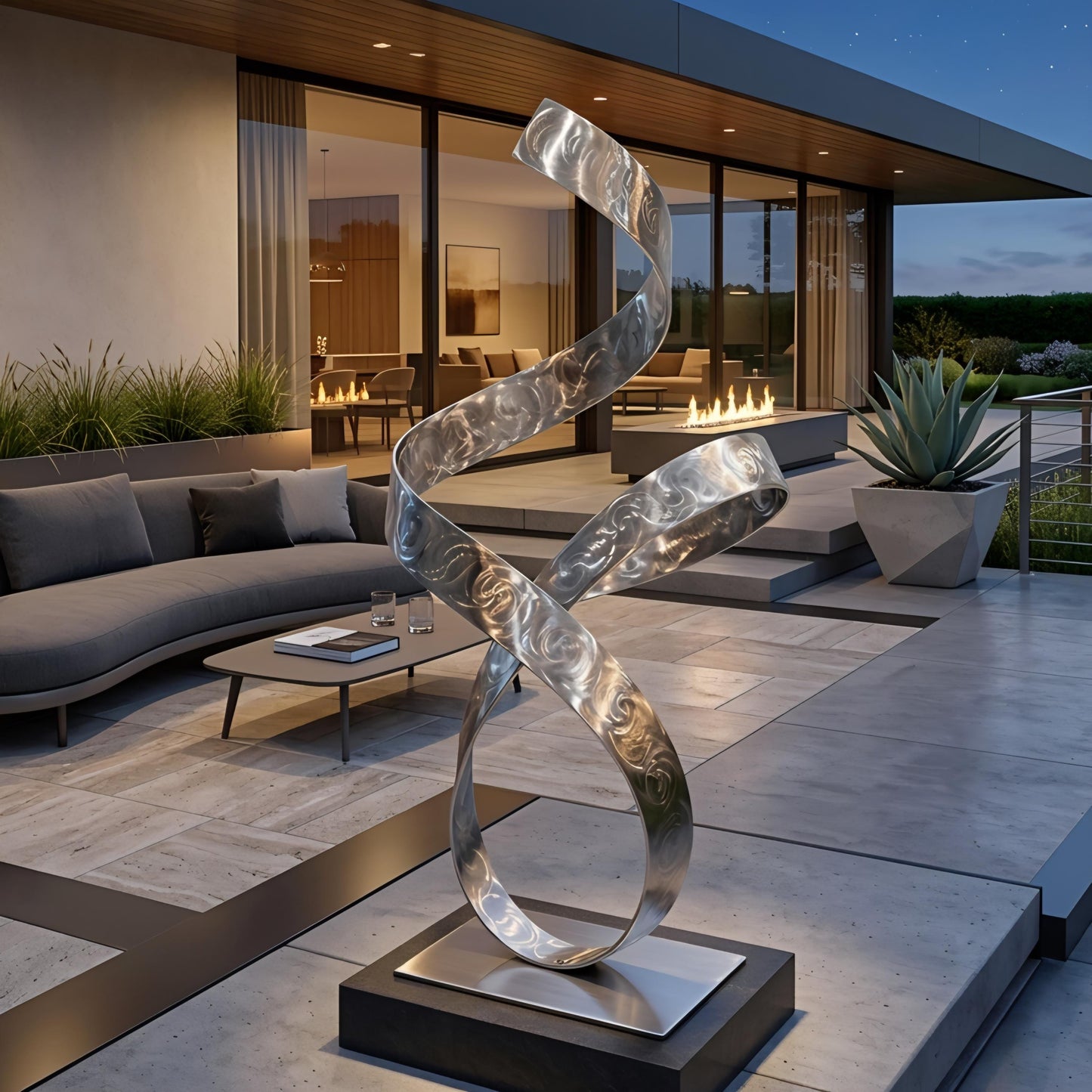 a modern outdoor living space with a large, abstract metal sculpture in the foreground. The sculpture has a curved, metallic design that resembles a ribbon or a wave. The living space includes a comfortable sofa, a coffee table, and a fire pit, creating a cozy and inviting atmosphere.