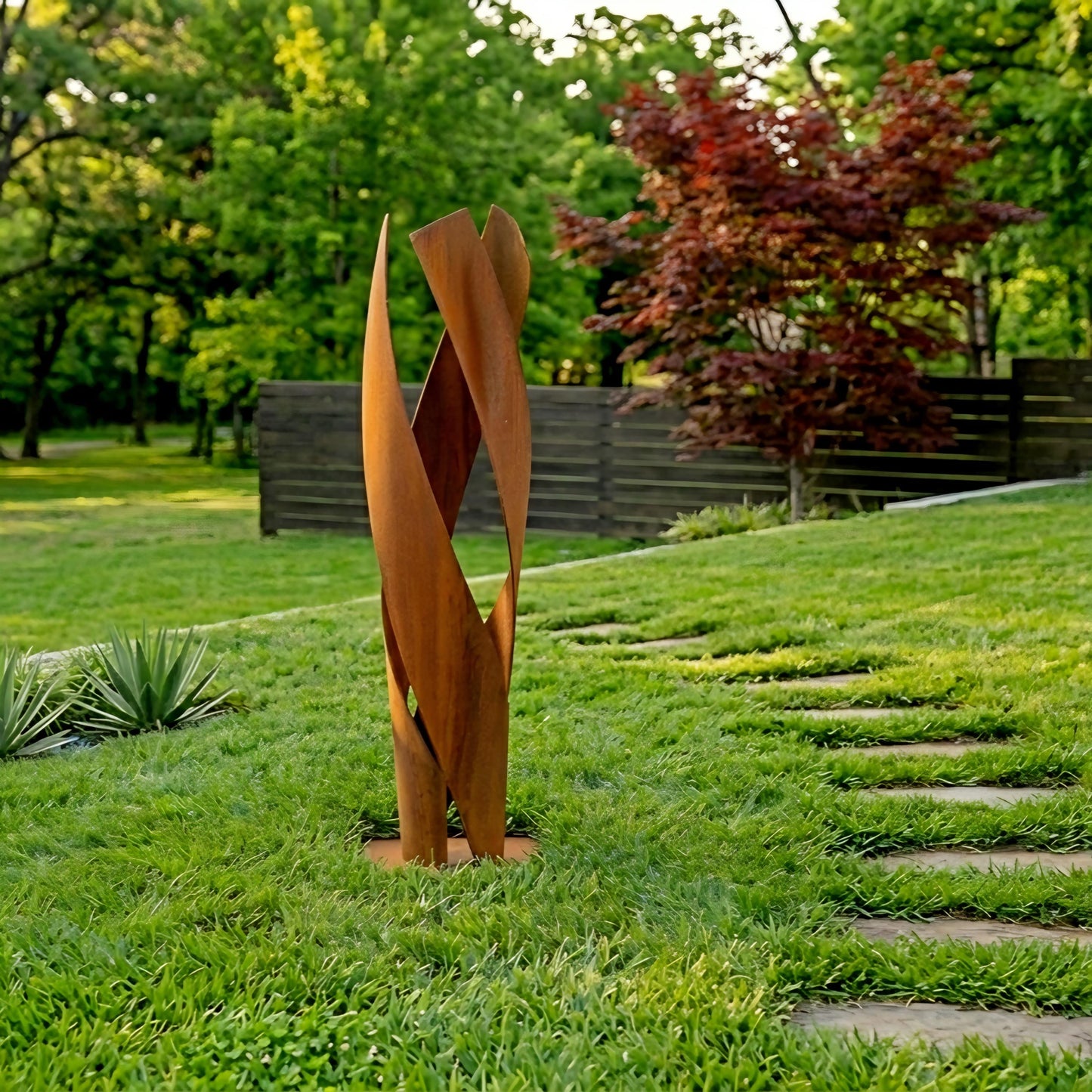 a large, abstract sculpture made of a twisted, orange-brown metal piece standing in a grassy area with a wooden fence and trees in the background.