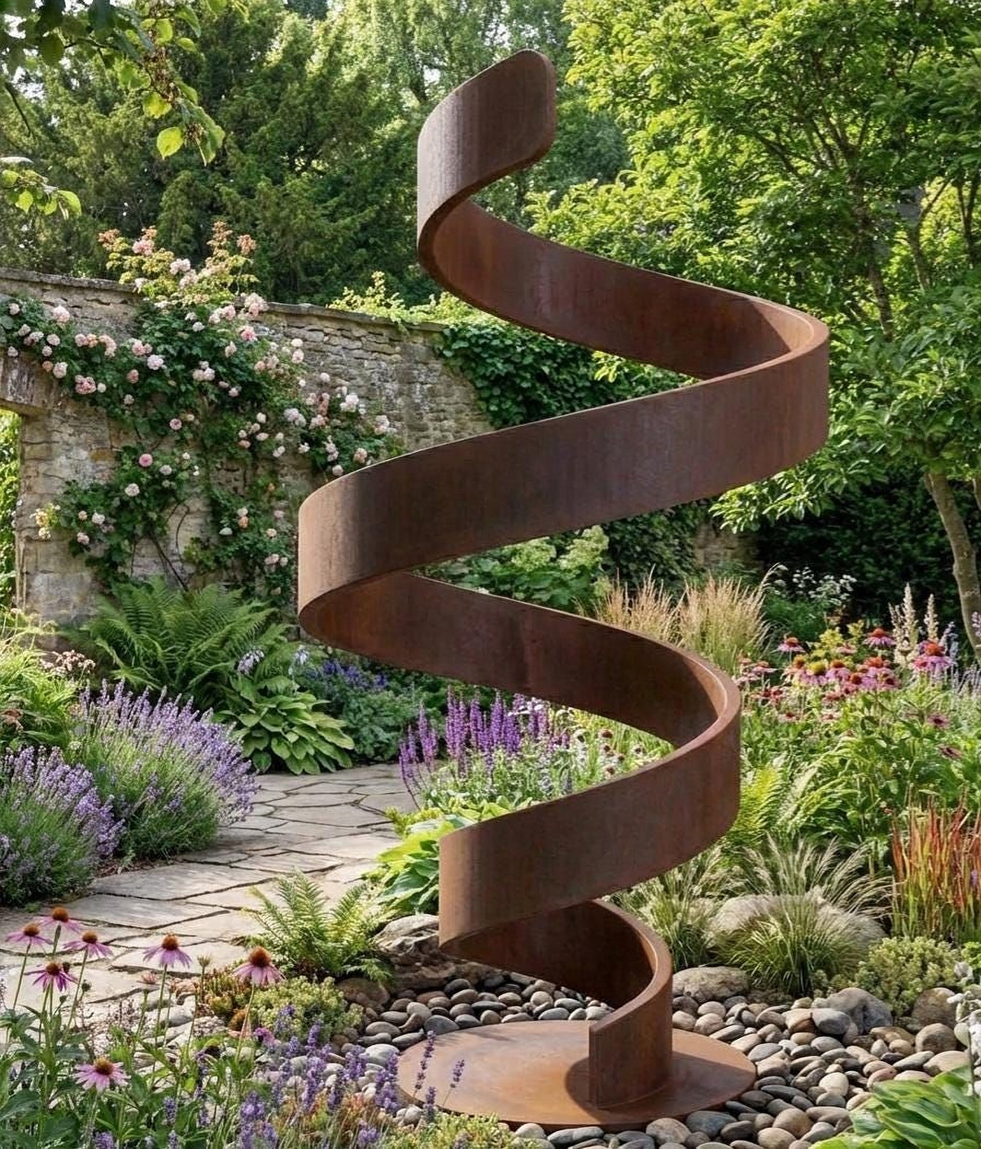 May include: A large, outdoor metal sculpture in a spiral shape. The sculpture is made of weathered, rusty brown metal and stands in a garden setting with a stone pathway, flowers, and greenery. The sculpture has a circular base.