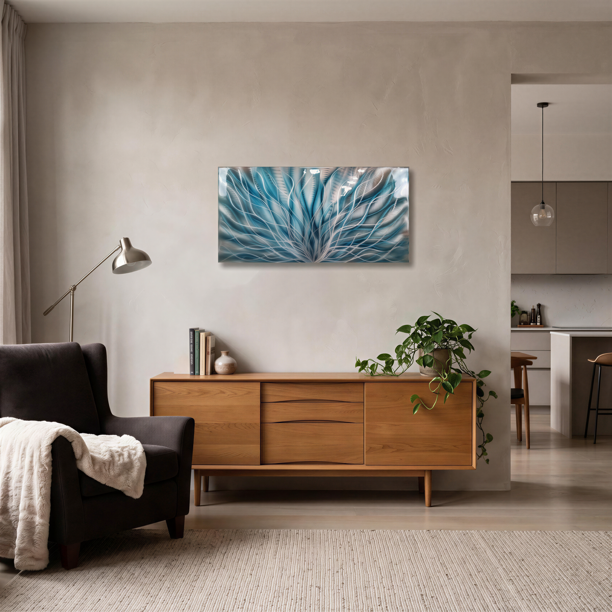 a living room with a couch and a painting on the wall