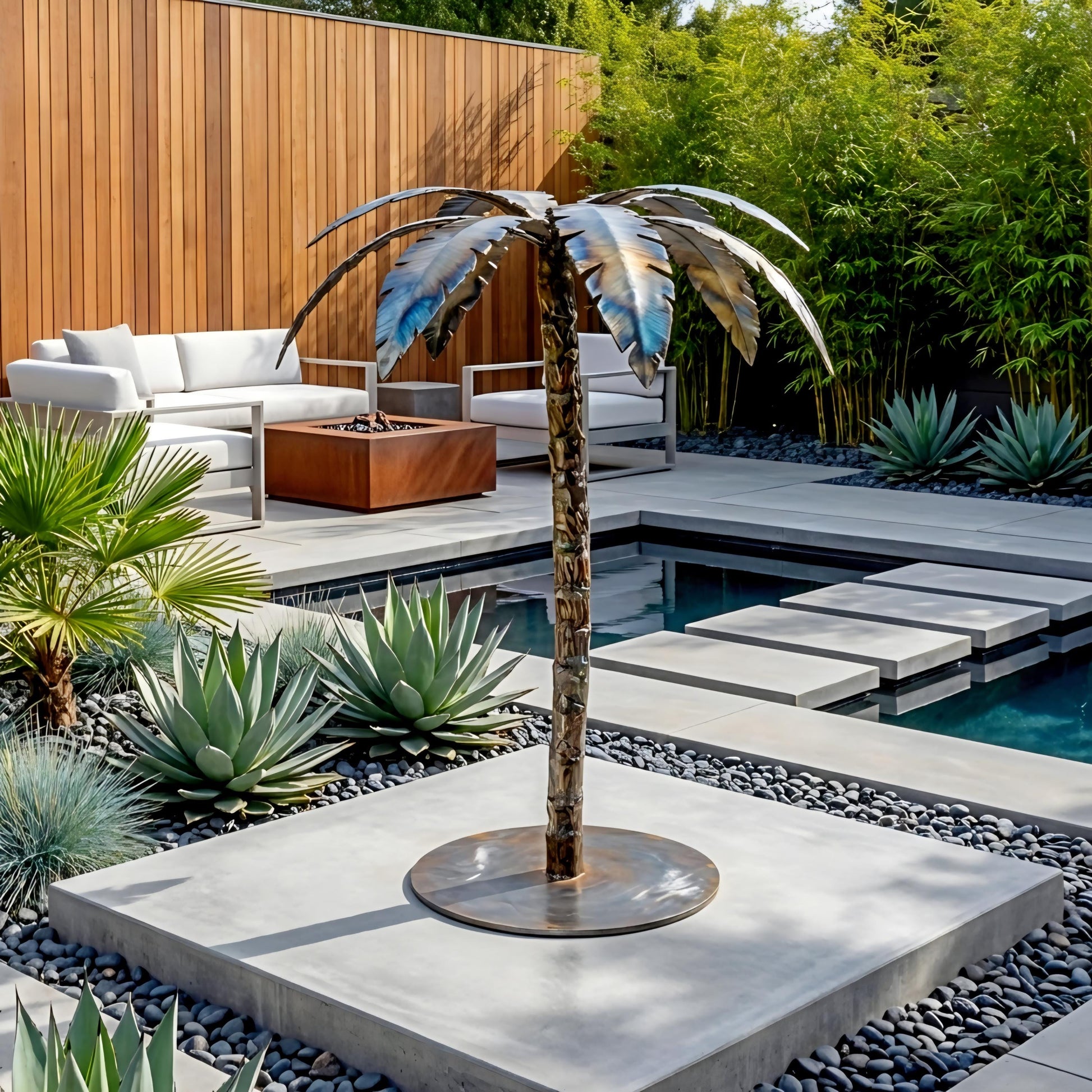 a modern outdoor living space with a large metal sculpture of a palm tree, surrounded by various plants and a small pool.