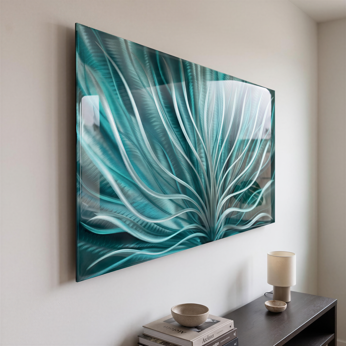 a painting hanging on a wall next to a table