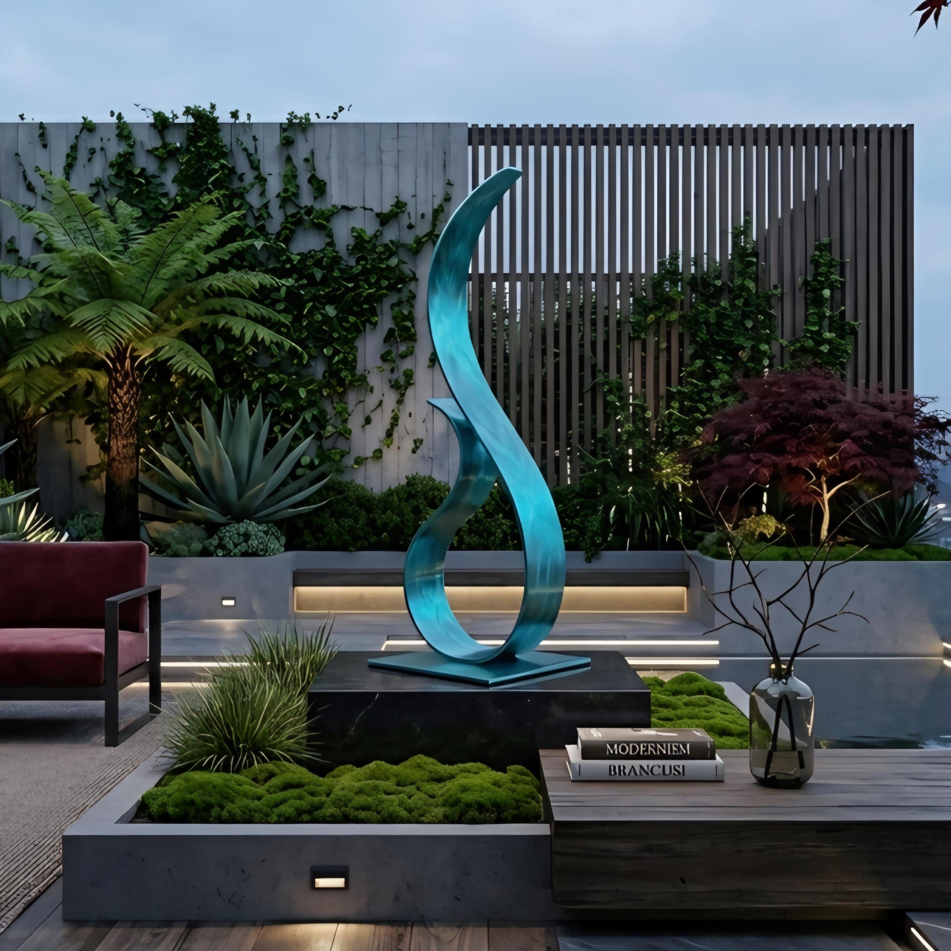 a modern garden design with a large, abstract sculpture in the center, surrounded by lush greenery, including palm trees and other plants. The garden is illuminated by a combination of natural and artificial lighting, creating a serene and inviting atmosphere.
