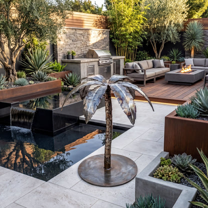a well-designed backyard with a pool, a seating area, and a fire pit. The pool is surrounded by lush greenery, including palm trees and other plants, creating a serene and inviting atmosphere.