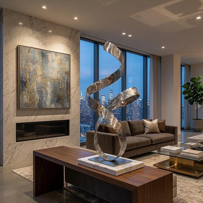 a modern living room with a large abstract sculpture on a wooden table, a fireplace, and a large window overlooking a city skyline.