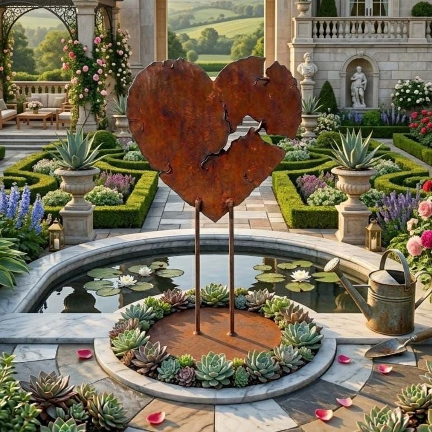 A beautifully landscaped garden with a large heart-shaped sculpture, surrounded by a pond with lily pads and various plants. The garden is set in a courtyard with a fountain and a stone building in the background.