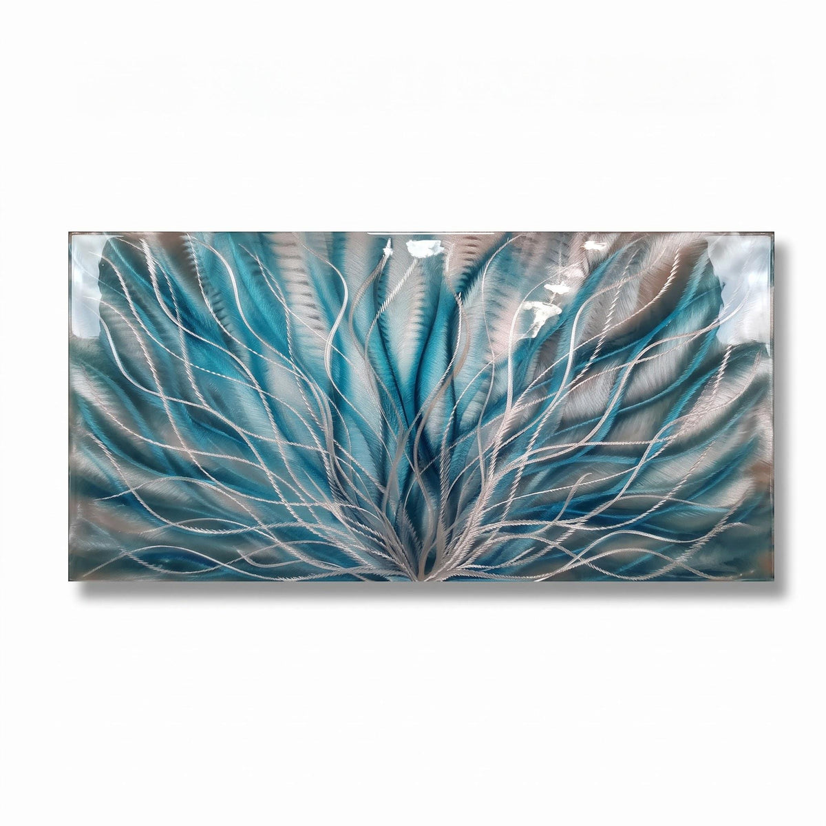a blue and white painting on a white wall