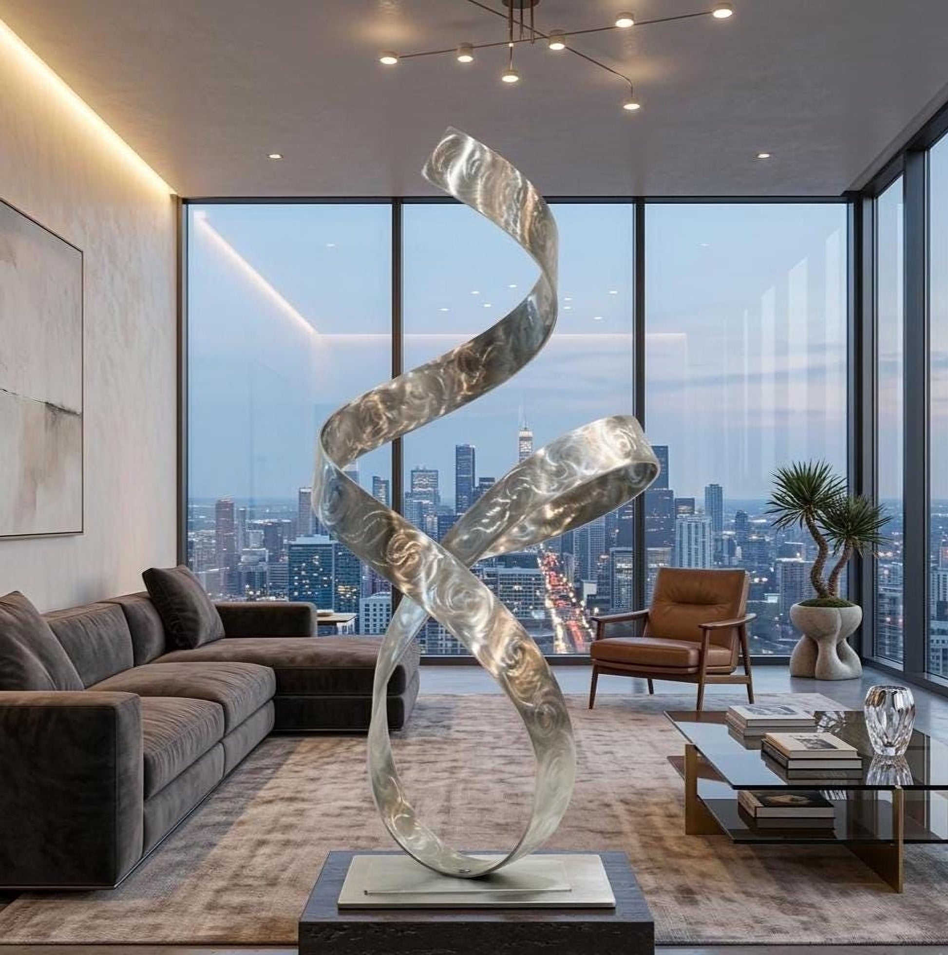 a modern living room with a large, abstract metal sculpture in the center. The room has a glass wall that offers a view of a city skyline, creating a striking contrast between the indoor space and the outdoor environment. The room is furnished with a sofa, a coffee table, and a potted plant, adding to the overall aesthetic and comfort of the space.