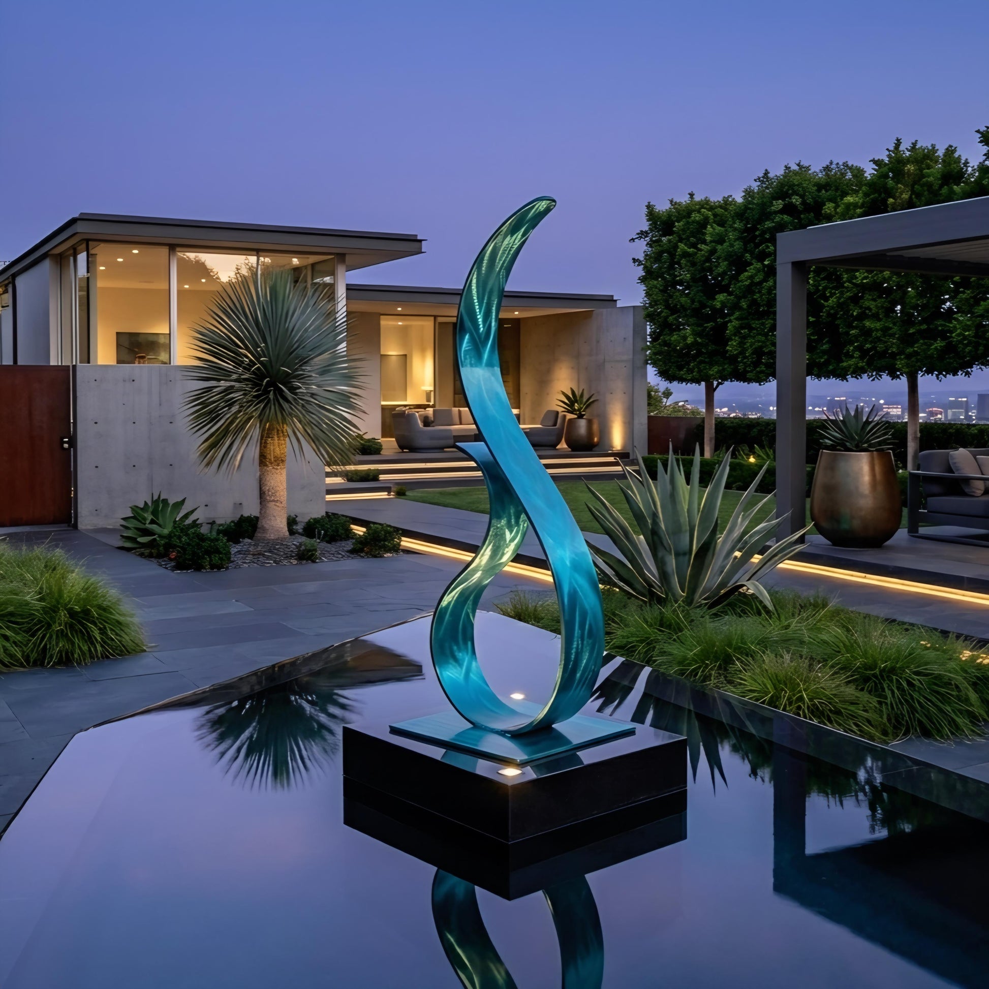 a modern house with a pool and a sculpture in the foreground, surrounded by lush greenery and palm trees.