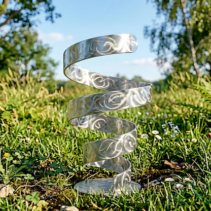 A silver spiral sculpture stands in a grassy field, its intricate design visible against the natural backdrop.