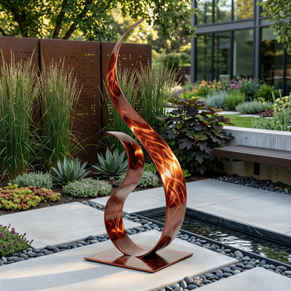 a modern garden sculpture with a unique, abstract design. The sculpture is made of metal and is situated in a garden setting with various plants and a stone pathway.