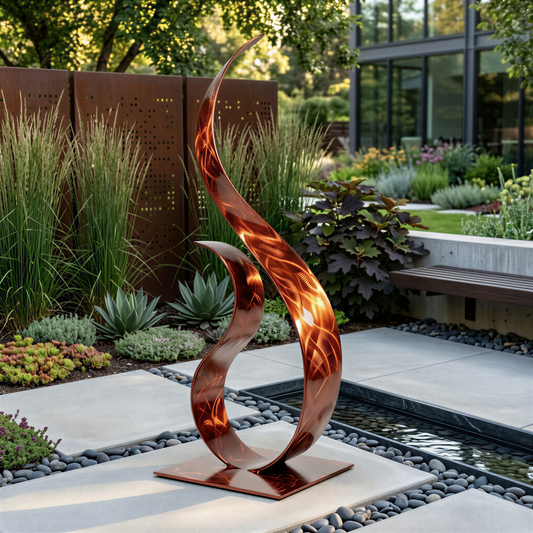 a modern garden sculpture with a unique, abstract design. The sculpture is made of metal and is situated in a garden setting with various plants and a stone pathway.
