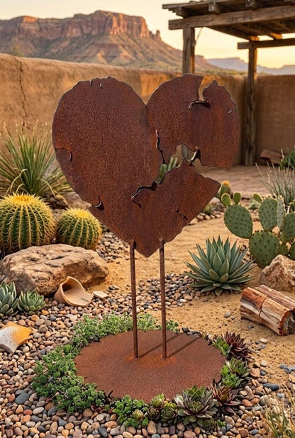 A rust-colored metal heart-shaped sculpture stands in a desert garden, surrounded by various desert plants and rocks.