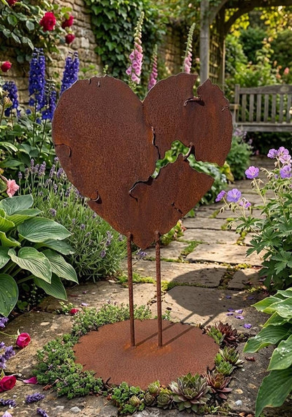 A rusted metal heart sculpture stands in a lush garden, surrounded by colorful flowers and greenery.