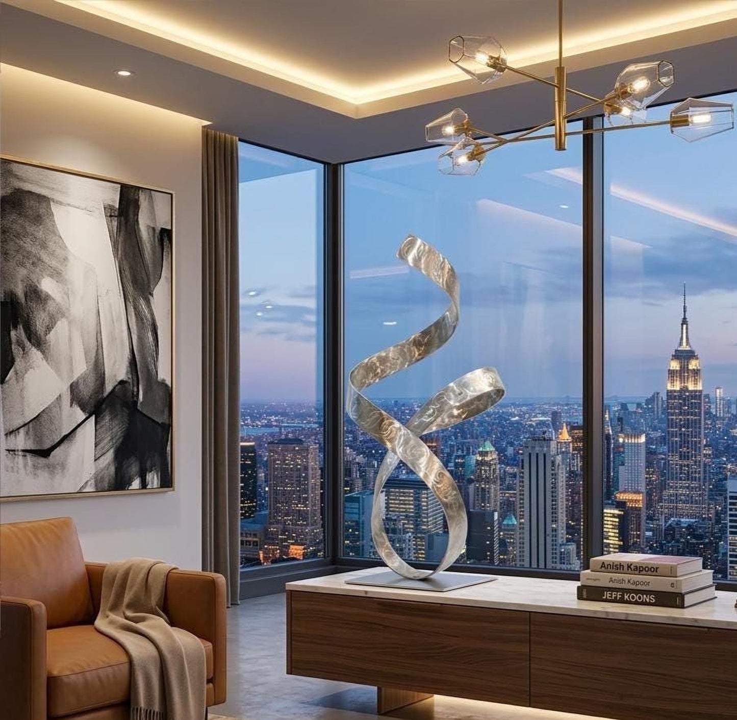 a modern living room with a large window offering a view of the city skyline at dusk. The room is furnished with a leather armchair, a wooden side table, and a large abstract sculpture. A chandelier hangs from the ceiling, and a painting adorns the wall. The room is illuminated by a warm, ambient light, creating a cozy and inviting atmosphere.