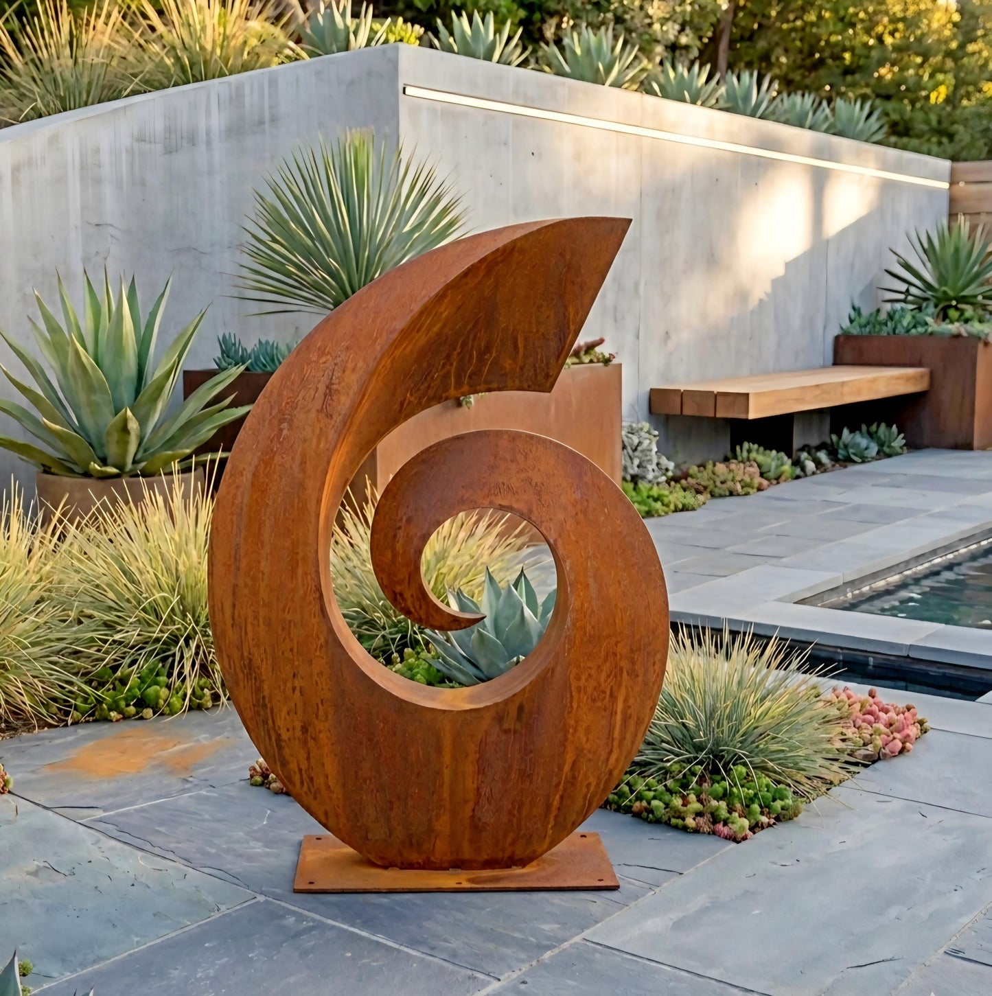 a large, abstract sculpture made of rusted metal, situated in a garden setting with various plants and a pool in the background.