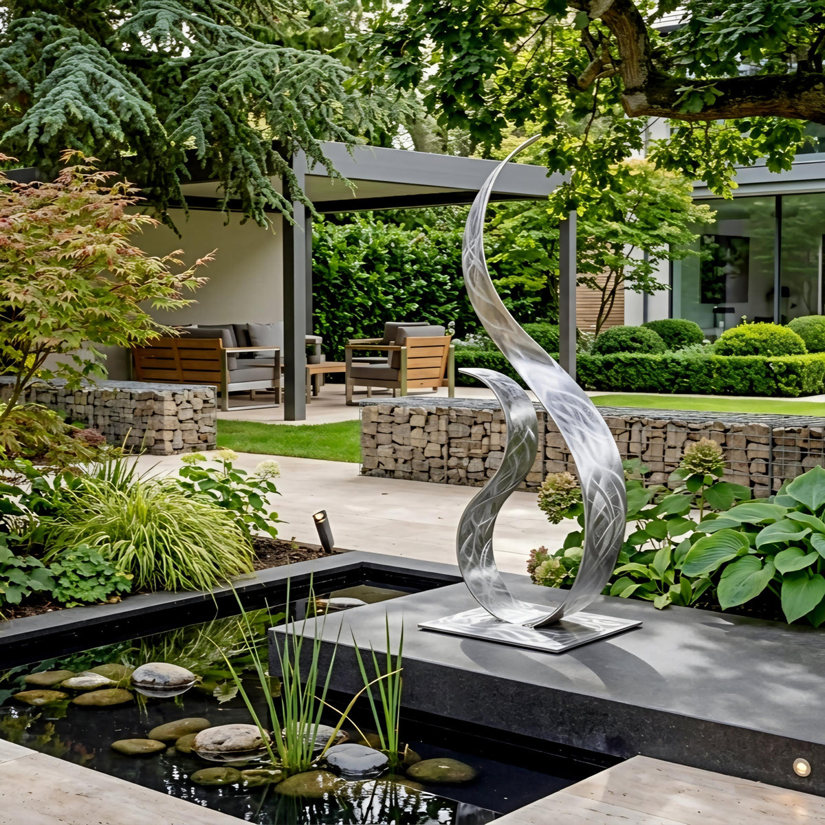 a serene garden scene with a pond, a metal sculpture, and a pergola. The pond is surrounded by lush greenery, including plants and trees, creating a tranquil atmosphere. A stone wall and a wooden bench are also present in the garden, providing a comfortable seating area. The metal sculpture, which appears to be a modern art piece, adds an artistic touch to the overall landscape.