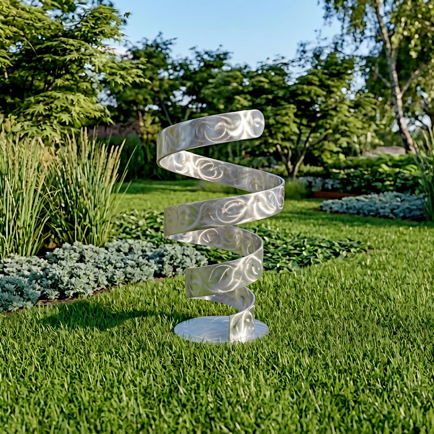 A silver spiral sculpture stands in a lush, green garden surrounded by various plants and trees.