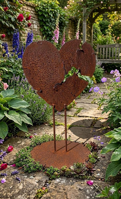 A rust-colored metal heart-shaped sculpture stands in a lush garden, surrounded by vibrant flowers and greenery.