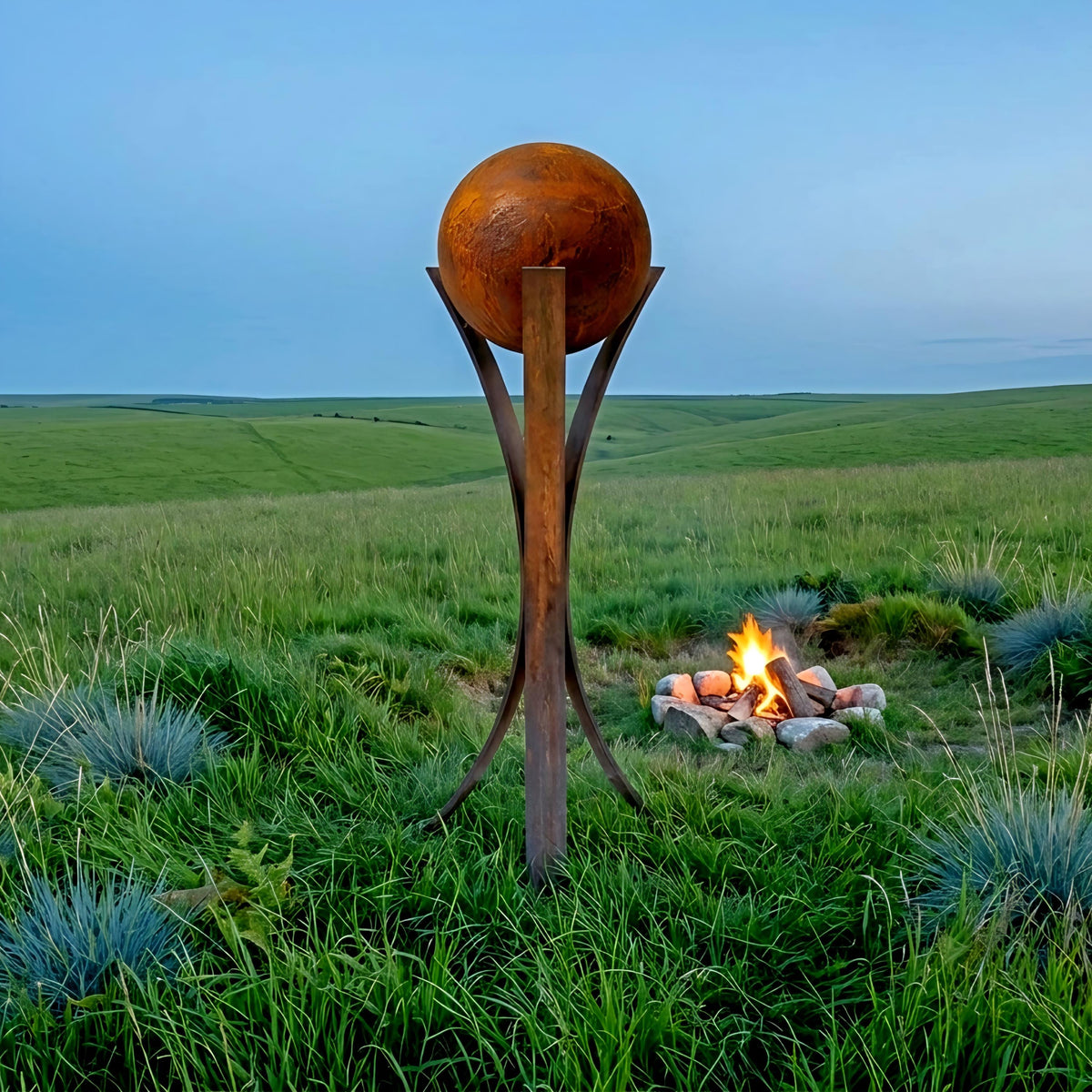 A rustic sculpture of a large orange ball stands in a grassy field, with a small fire burning in a fire pit nearby.