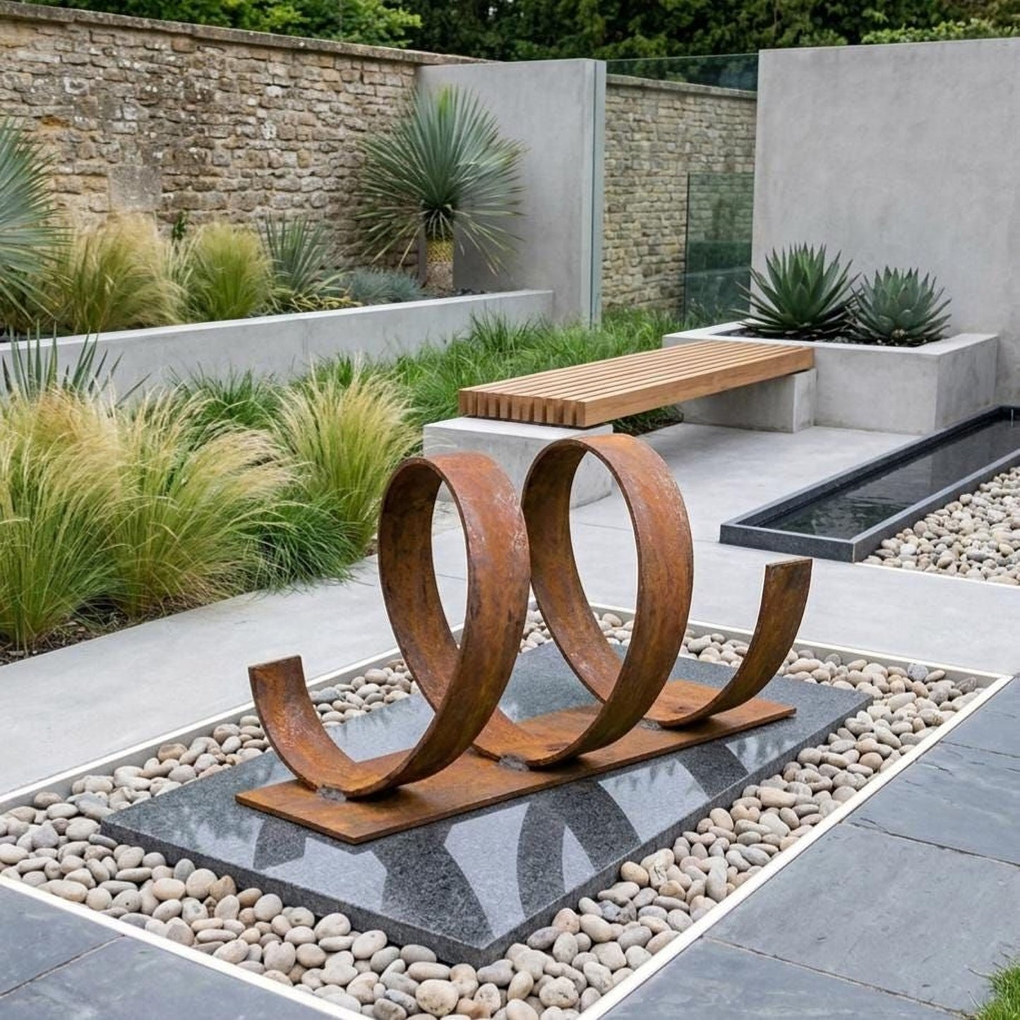 a modern garden design with a unique metal sculpture in the foreground, surrounded by a variety of plants and a stone wall.