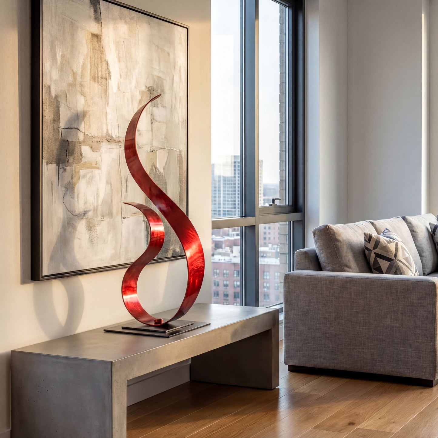 May include: A contemporary red metal sculpture with a fluid, abstract form. The sculpture is placed on a grey concrete bench, in front of an abstract painting and a window with a city view. The sculpture is approximately 61 cm tall.