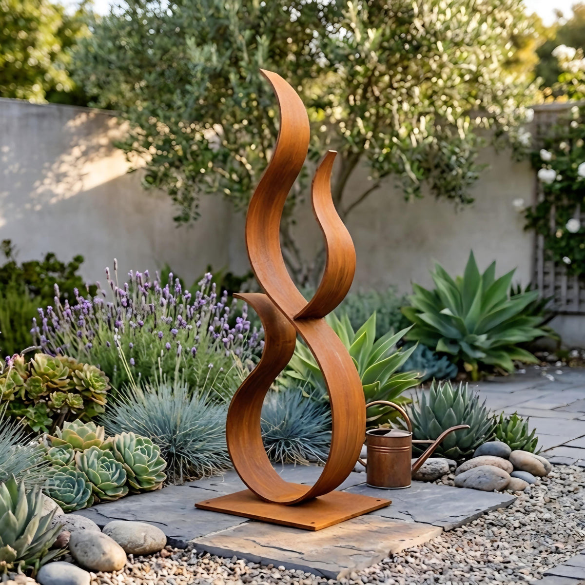 a large, abstract sculpture made of wood, situated in a garden surrounded by various plants and rocks.