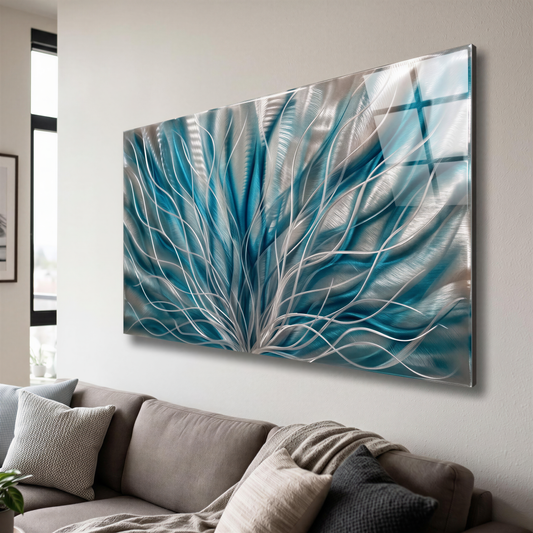 a living room with a couch and a painting on the wall