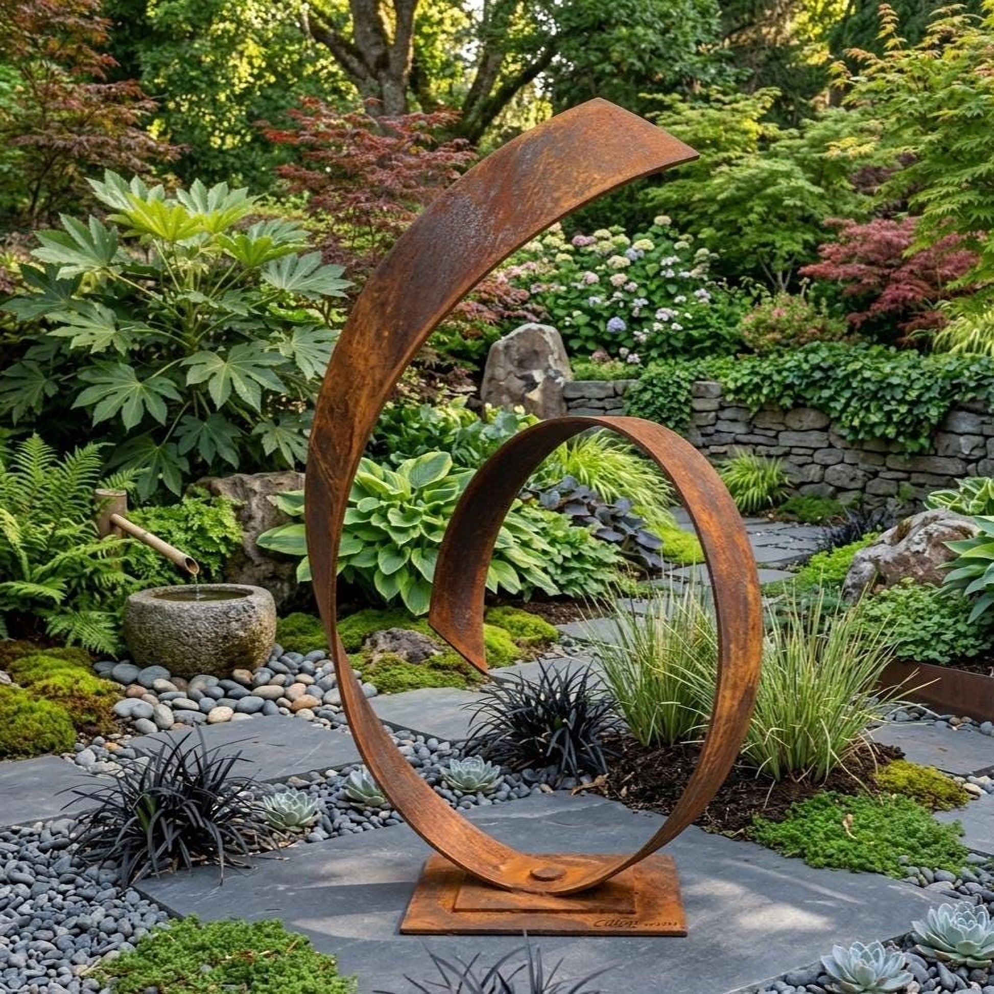 A large, rusted metal sculpture stands in a lush garden, surrounded by various plants and rocks.