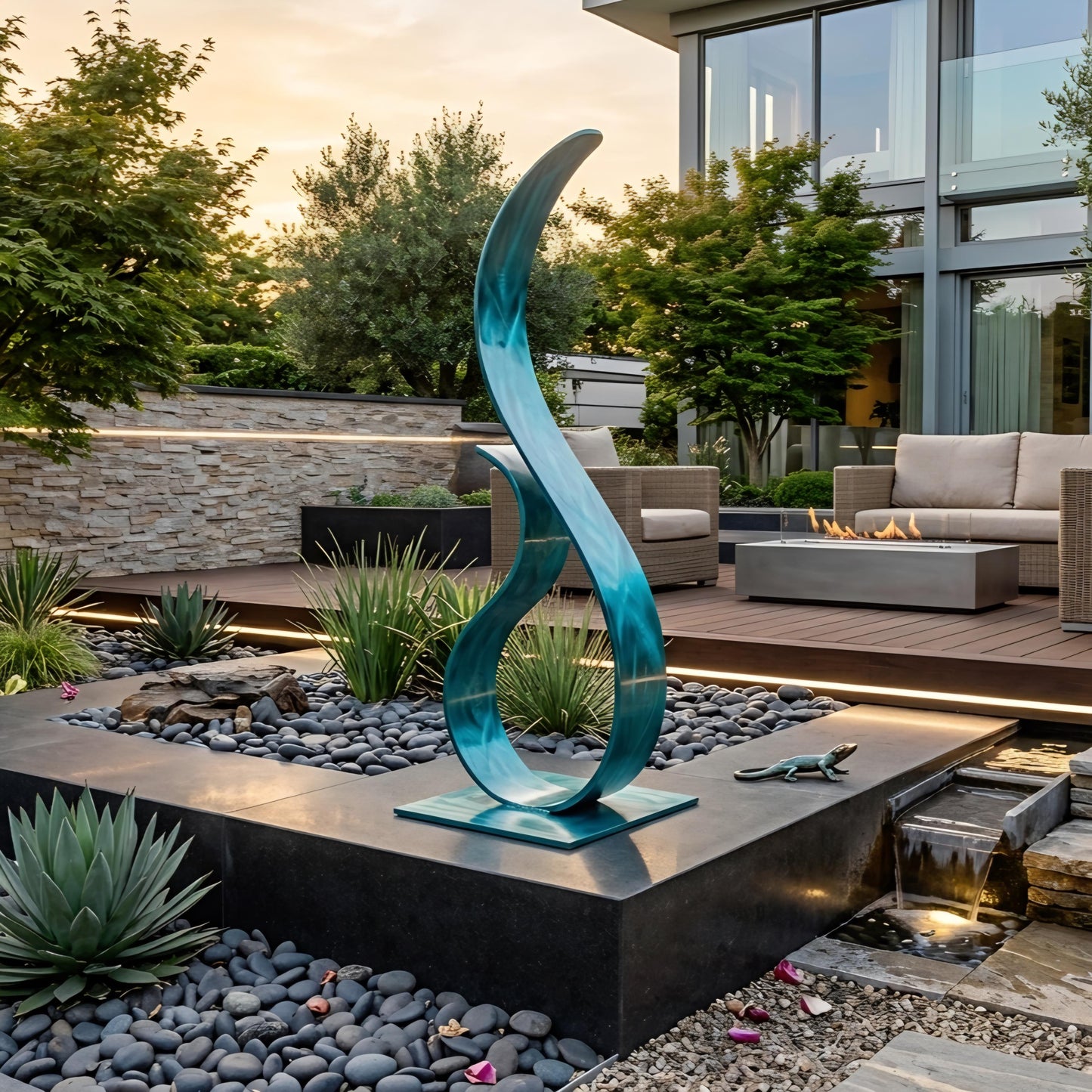 a modern outdoor living space with a large, abstract sculpture in the center. The sculpture is made of blue metal and has a curved, organic shape that resembles a wave or a snake. The living space includes a seating area with a couch and a fire pit, surrounded by lush greenery and rocks. The overall design of the space creates a serene and inviting atmosphere.