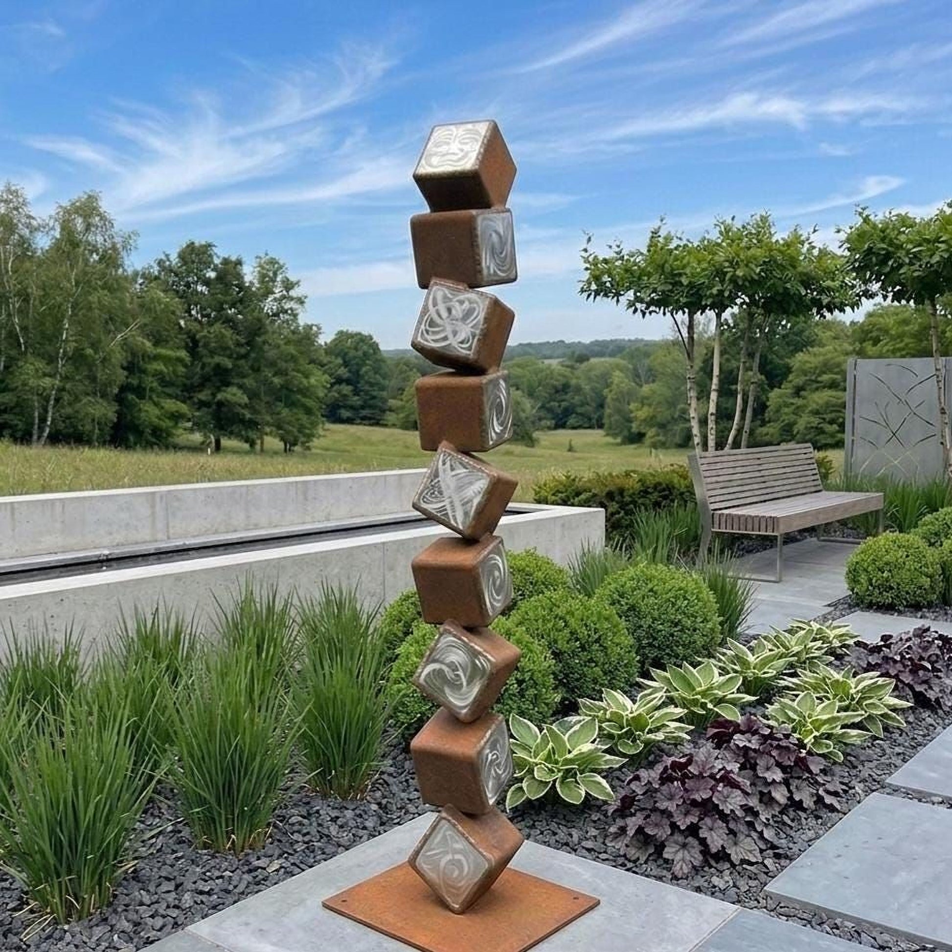 A tall, abstract sculpture composed of stacked cubes in various shades of brown and white, situated in a garden setting with lush greenery and a wooden bench.