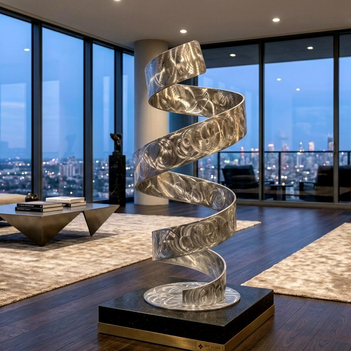 a modern, abstract sculpture with a spiral-like design, situated in a room with large windows overlooking a city skyline.