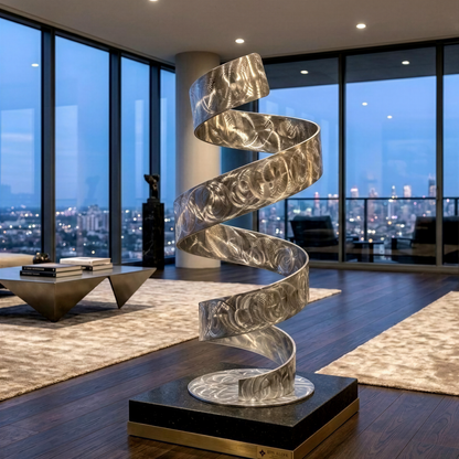 a modern, abstract sculpture with a spiral-like design, situated in a room with large windows overlooking a city skyline.