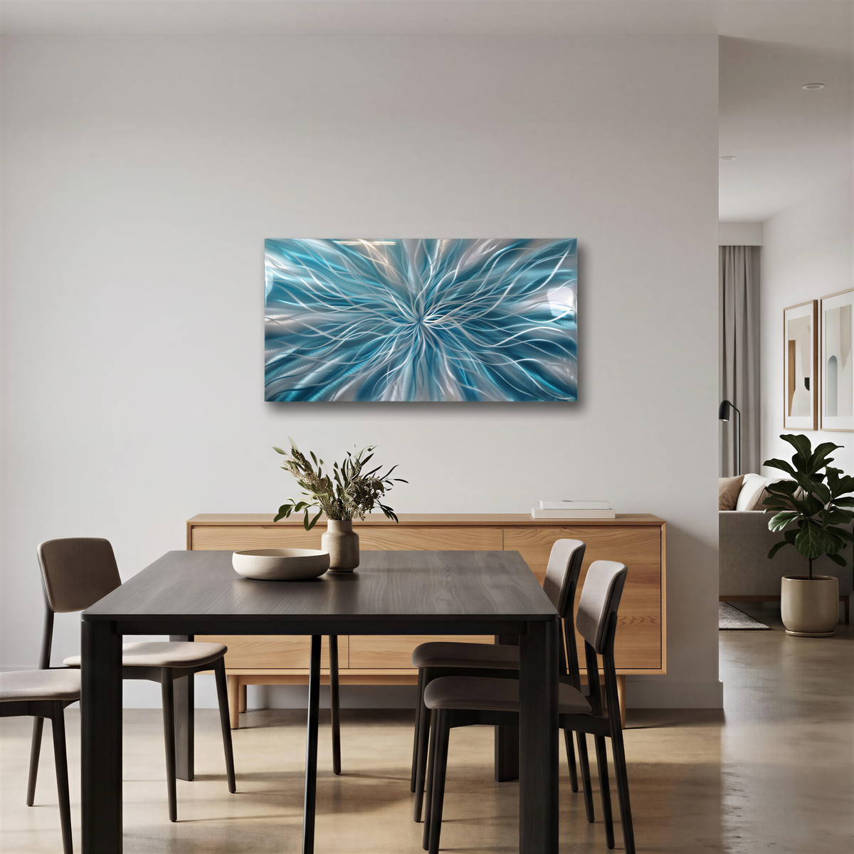 a dining room table with chairs and a painting on the wall