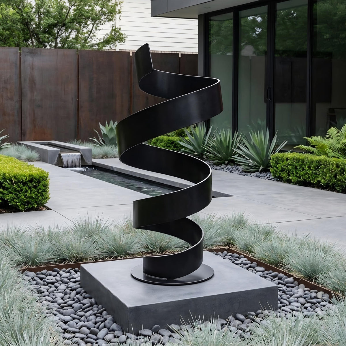 a modern black metal sculpture with a spiral shape, situated in a contemporary garden setting with a stone path, plants, and a glass building in the background.