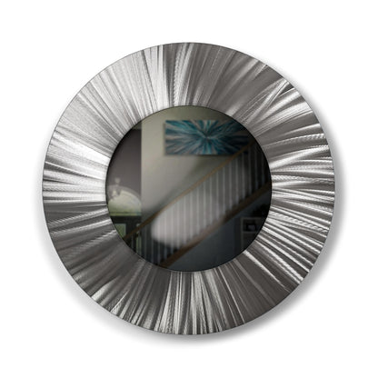32" Silver Round Luxury Wall Mirror – Modern Metal Art Sculpture Accent for Living Room - Modern Elements Metal Art - MJ852727