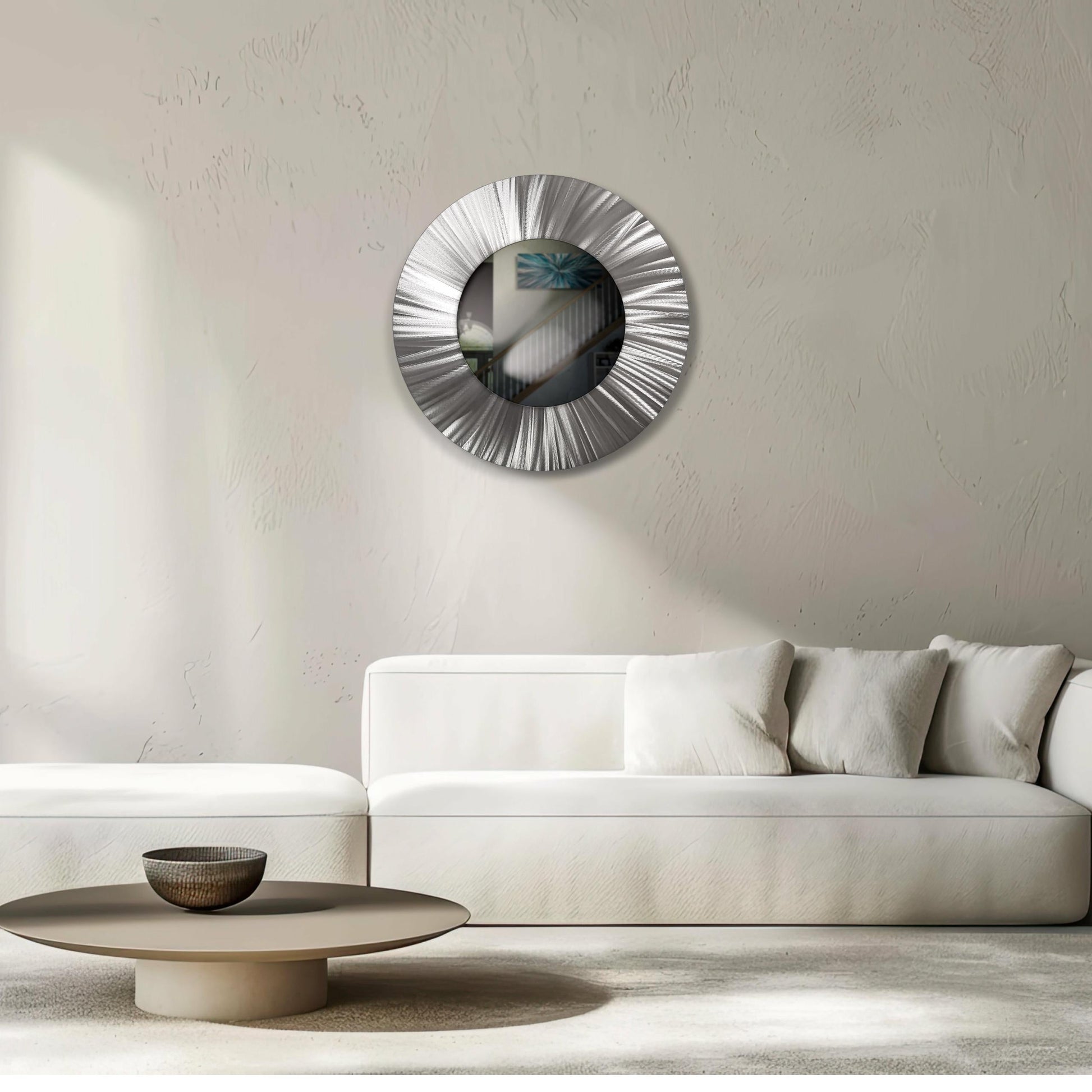 32" Silver Round Luxury Wall Mirror – Modern Metal Art Sculpture Accent for Living Room - Modern Elements Metal Art - MJ852727