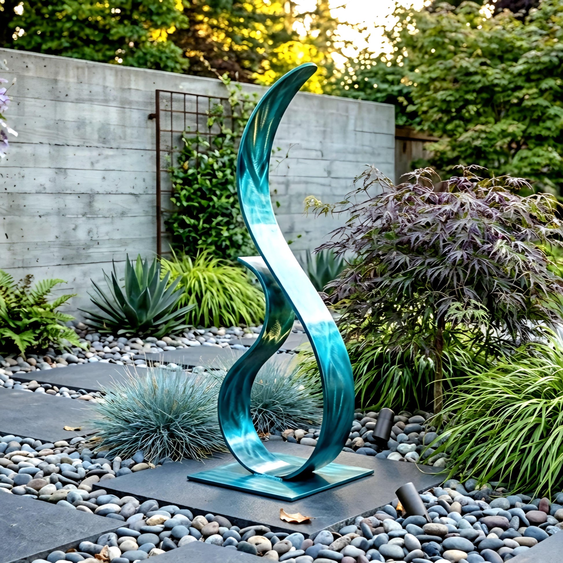 A modern, abstract sculpture in a garden setting, featuring a curved, metallic design with a blue-green hue.