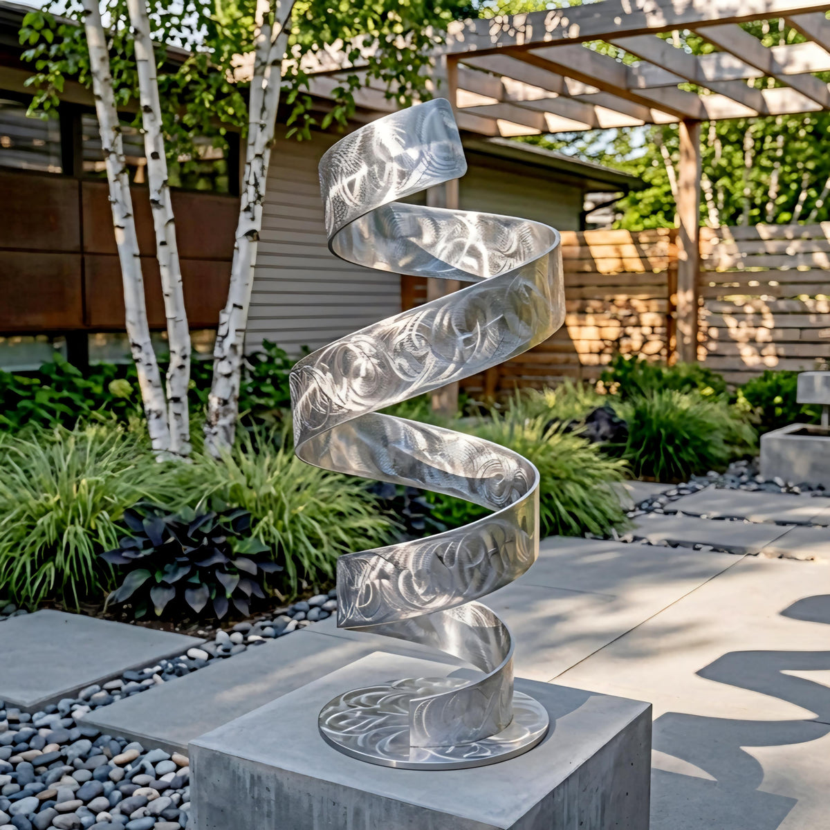 A modern, abstract metal sculpture with a spiral-like design stands in a garden setting, surrounded by lush greenery and a wooden pergola.