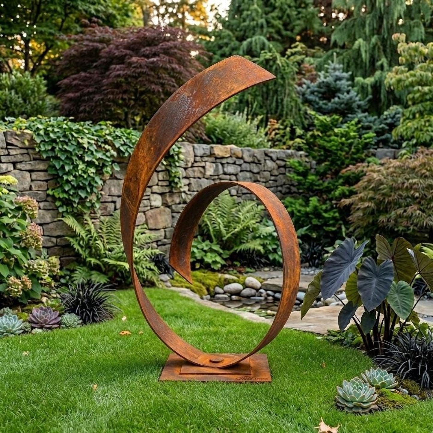 A large, rusted metal sculpture resembling a spiral or wave stands in a lush, green garden surrounded by various plants and trees.