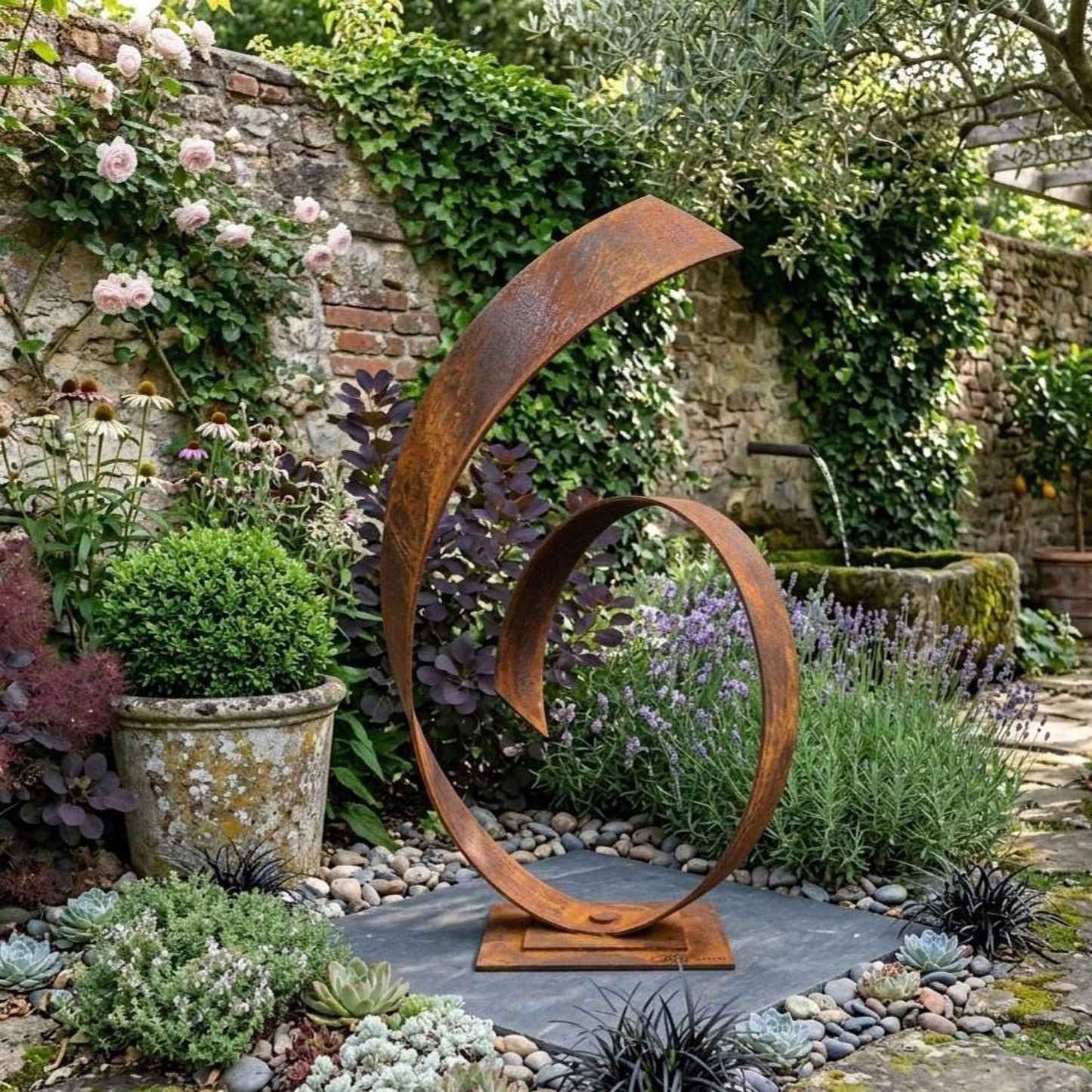 A large, rust-colored metal sculpture stands in a lush garden, surrounded by a variety of plants and flowers.